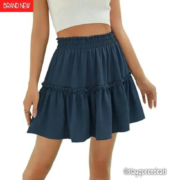 High Waisted Ruffle Mini Skirt Tiered A-Line Summer Boho Flowy - Picture 2 of 8